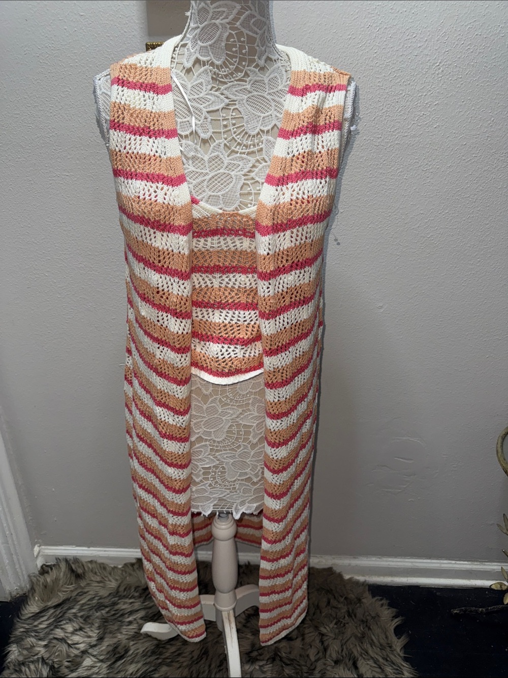 Freshman 1996 Striped Open-Front Crochet Vest in Cream, Pink & Tan